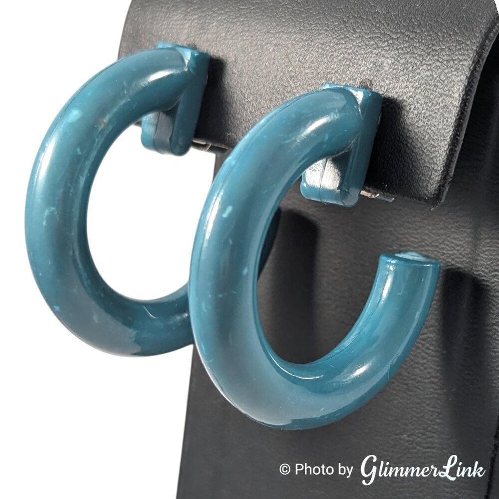 Vintage Dark Teal Plastic Hoop Clip On Earrings